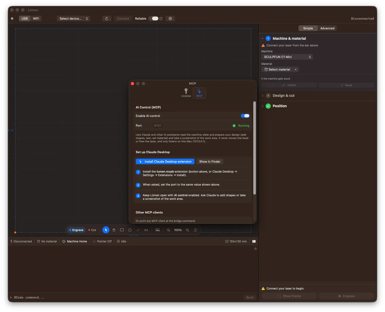 Impostazioni di Lùmen — scheda MCP con controllo AI attivo, porta e setup di Claude Desktop