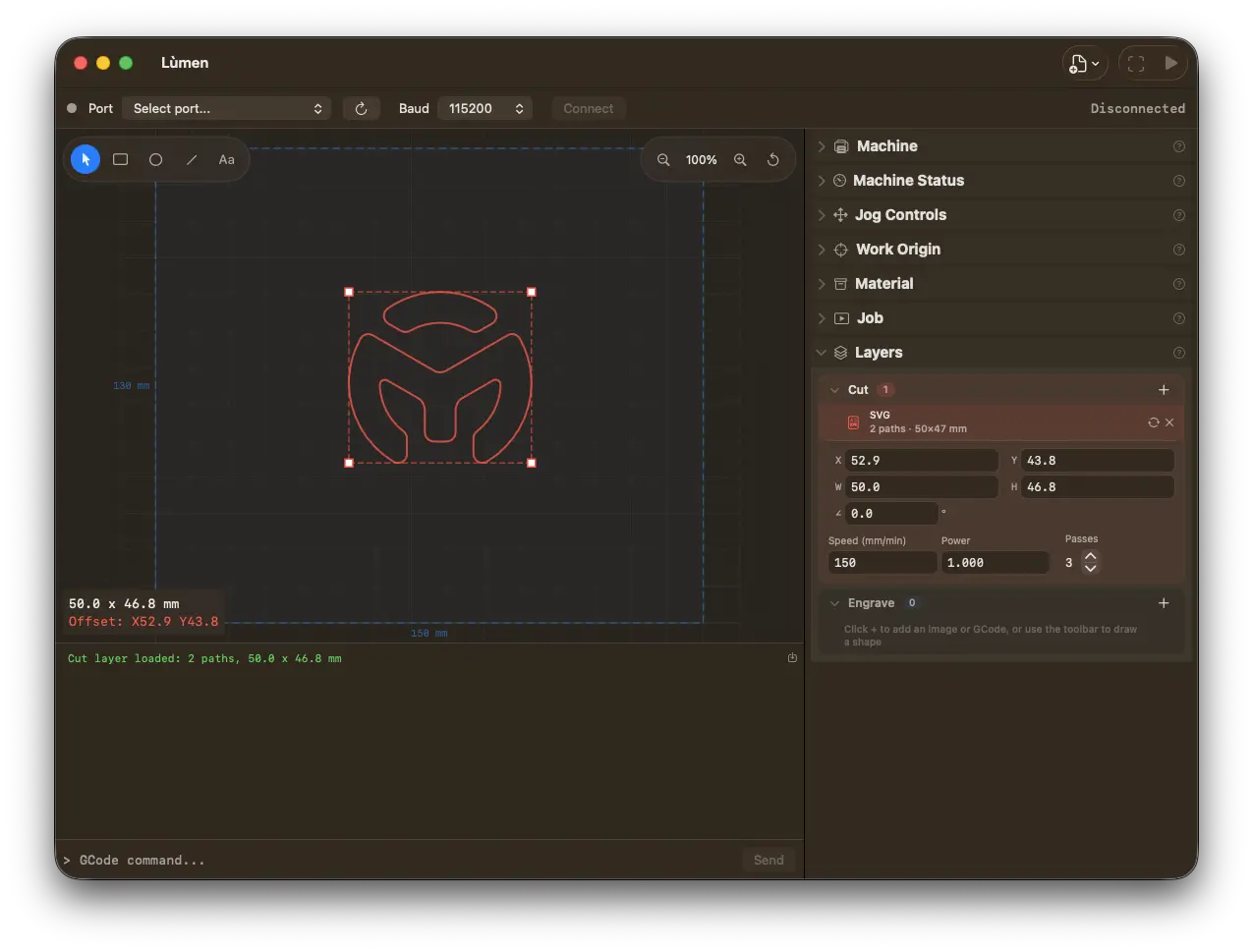 Lùmen — anteprima del taglio vettoriale SVG con layer di taglio in rosso