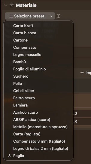 Lùmen — preset per materiali per l'incisione laser