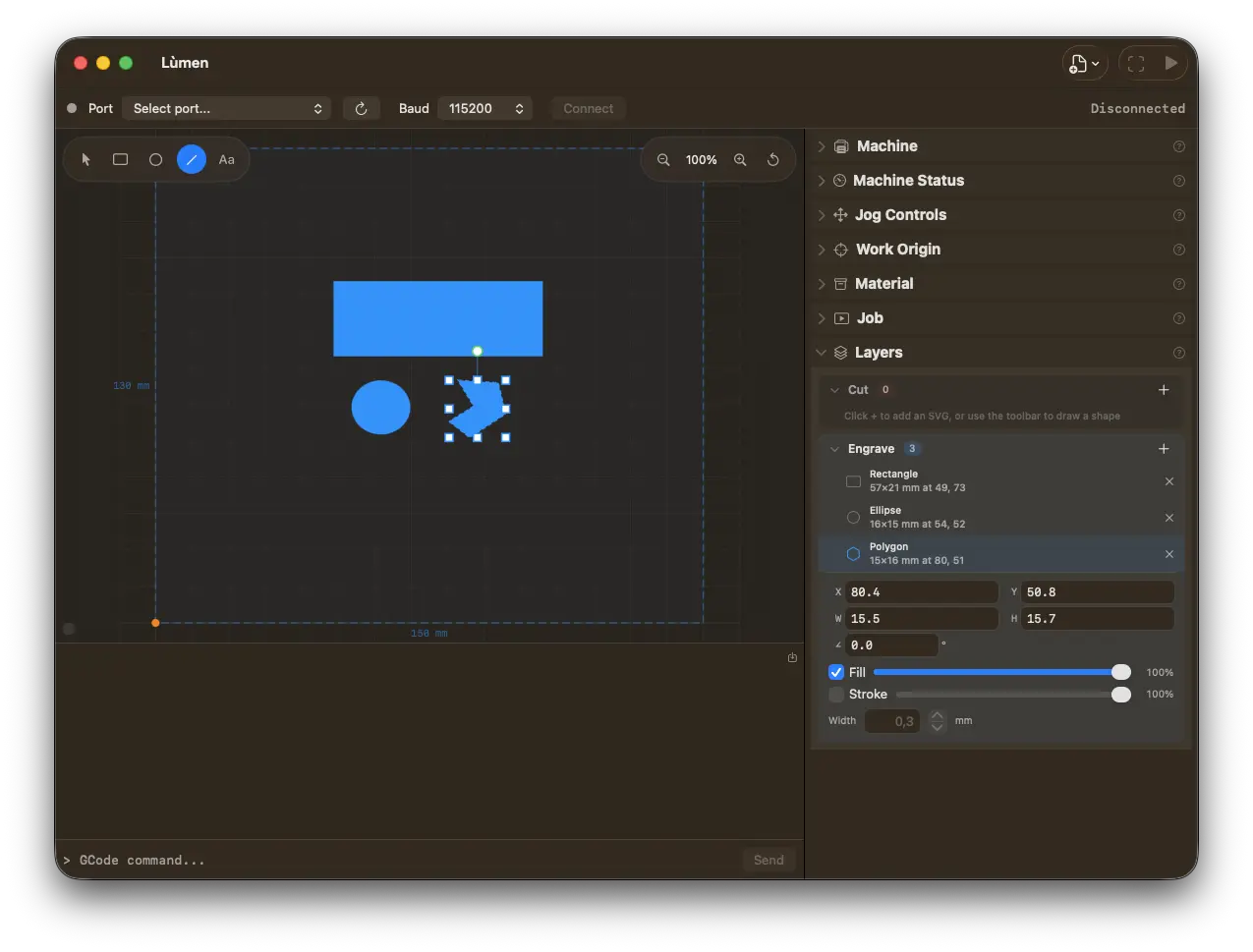 Lùmen — editor di forme e testi: disegno di rettangoli, ellissi, linee e testo direttamente sul canvas