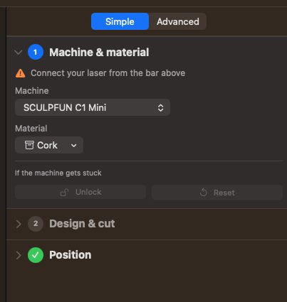 Modalità Simple di Lùmen — sidebar guidata in cinque step: macchina e materiale, design e taglio, posizione, frame, incisione